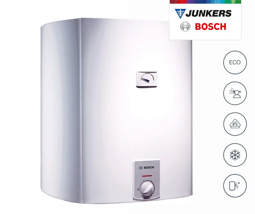 Weißer, druckfester Warmwasserspeicher mit einem Bedienfeld und Temperaturregler, hergestellt von Bosch, in einem kompakten, rechteckigen Design.